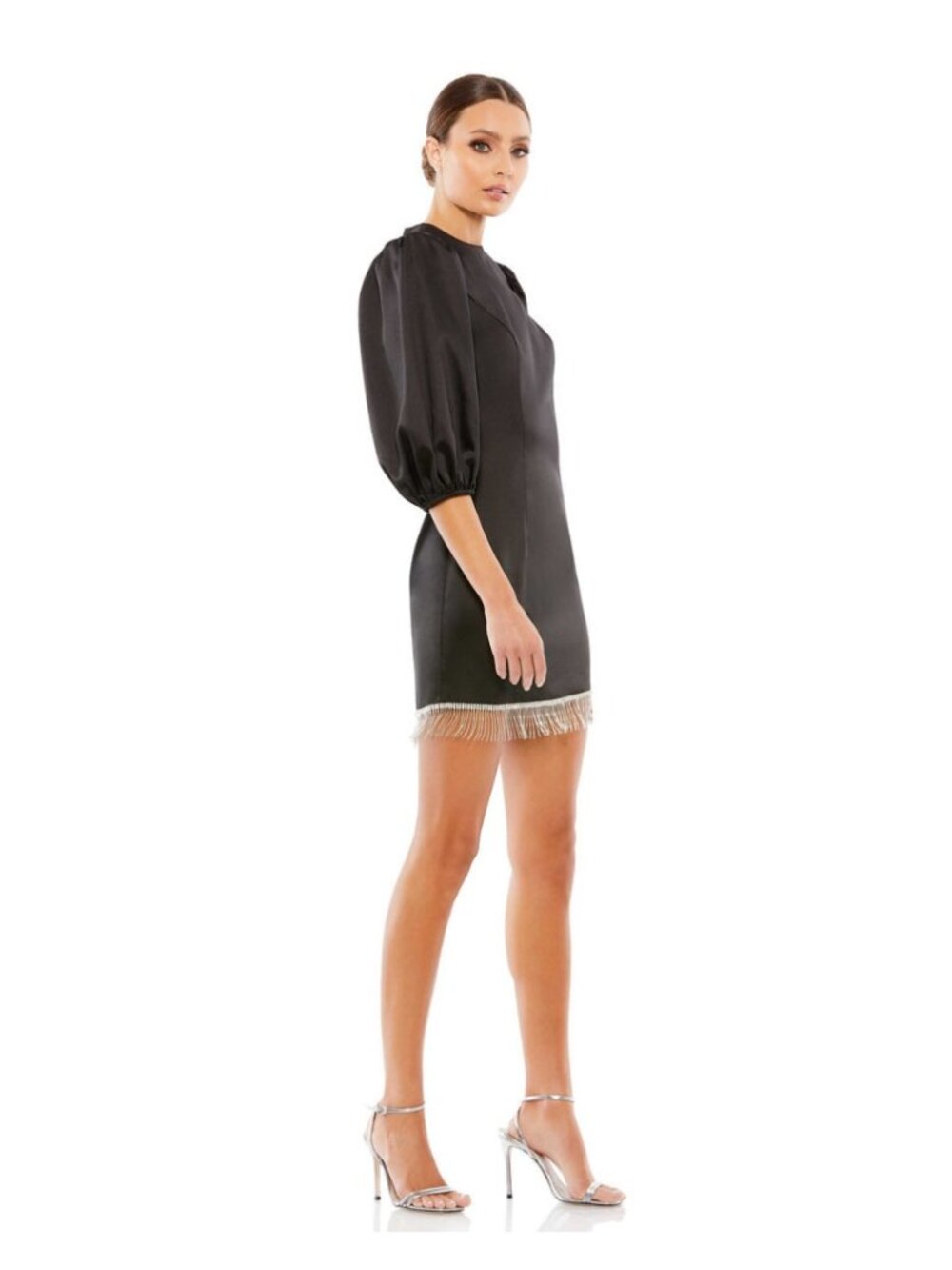 Ieena for Mac Duggal 26672 Black Beaded Fringe Puff Sleeve Mini Dress Size 2 NWT